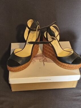 Jessica Simpson Black Leather Wedge Sandals with Braided Brown Platform